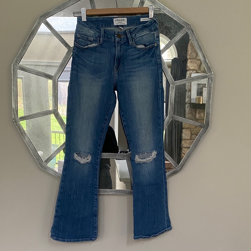Frame Denim Blue Flared Distressed Jeans